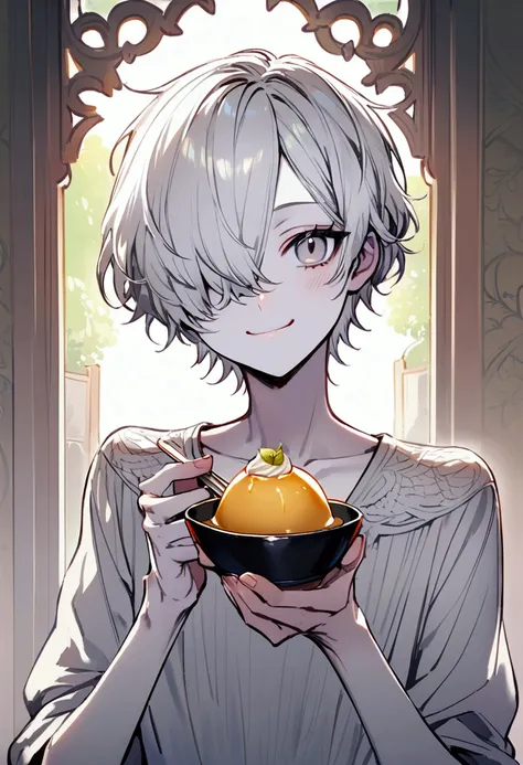 pale skin,white hair,hair over one eye,grey eyes,skinny,small frame,male,gently smile, pretty face,eating flan dessert,cute