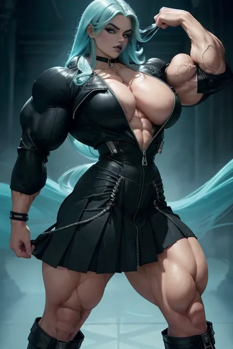 ((Close-up)), tall, (cyan hair) beautiful muscular woman, long beachy hair, pale white skinned, closed smile, (black lipstick), (massive muscles), (hyper muscle), (ginormous bulky muscles), glowing purpl eyes, (((long black zipped jacket))) ((long black pl...