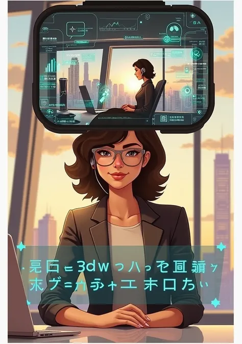 "Create an image of a young woman in her mid-20s working as a customer service representative in a futuristic setting. She has medium-length curly hair, which is dark brown, and she is wearing a casual yet professional outfit—such as a fitted jacket over a...