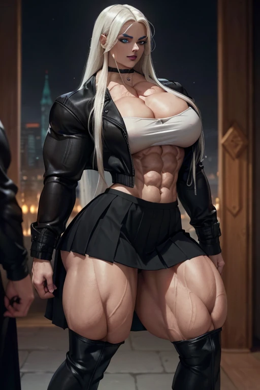 ((Close-up)), tall, (White hair) beautiful muscular woman, long straight hair, light brown skinned, closed smile, (black lipstick), (massive muscles), (hyper muscle), (ginormous bulky muscles), glowing blue eyes, (((long black jacket))) ((long black pleate...