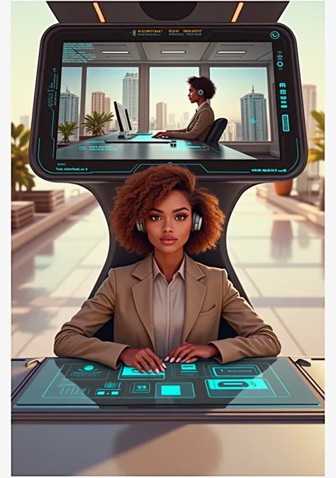 Create an image of a young woman resembling Andy Allo, working as a customer service representative in a futuristic setting. She has medium-length, curly hair with a golden brown hue and a warm skin tone. She is wearing a casual yet professional outfit, li...