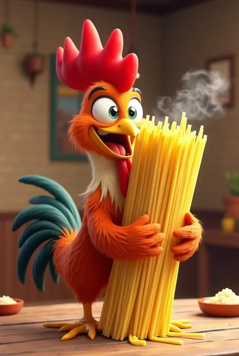 A 3d anime rooster, of an adult rooster hugging a large package of spaghetti noodles.
Written:
MADUREIRA RESTAURANT 
