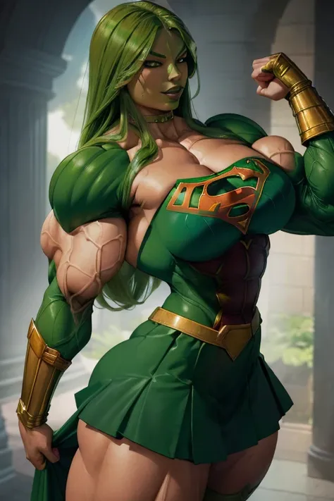 (((Close-up))), tall, (green hair) beautiful muscular woman, long green hair, light brown skinned, closed smile, large breast, (black lipstick), (massive muscles), (hyper muscle), ((ginormous bulky muscles)), orange eyes, (((green supergirl suit))), (green...