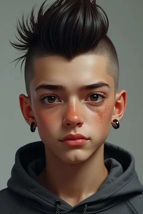 A boy with straight hair and a mohawk cut, sweating and wearing an earring and a sweatshirt 