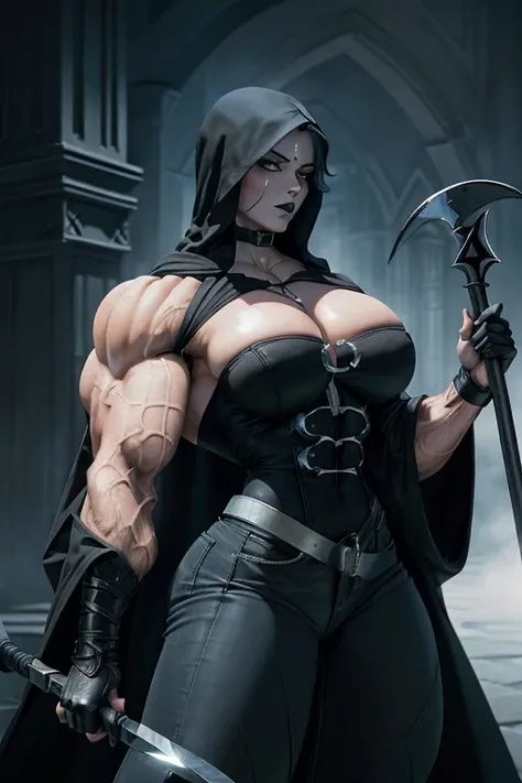 (((Close-up))), tall, (royal blue hair) beautiful muscular female grim reaper, long curly wavy hair, pale white skinned, closed smile, large breast, (black lipstick), (massive muscles), (hyper muscle), ((ginormous bulky muscles)), white eyes, (((black reap...