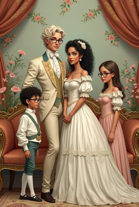 Rococo style illustration of a white couple, Black curly haired boy with glasses next to a straight haired girl with glasses 