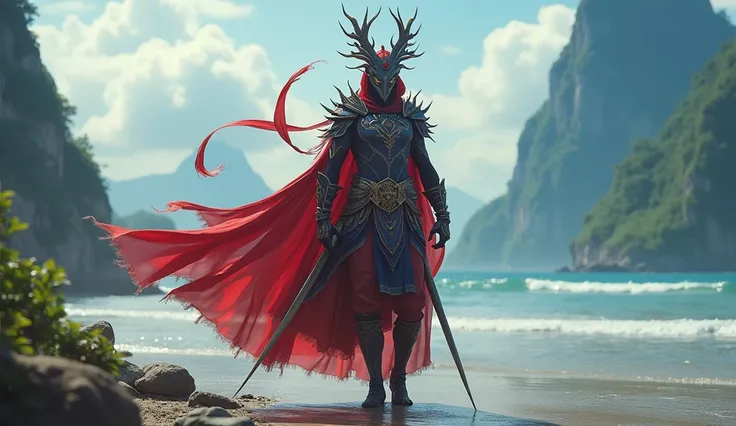 Thailand as a shore asiatic imperialist League of Legend creature in red, blue and white colors. Intricated clothing. Cinematic Fantasy sci-fi landscape background