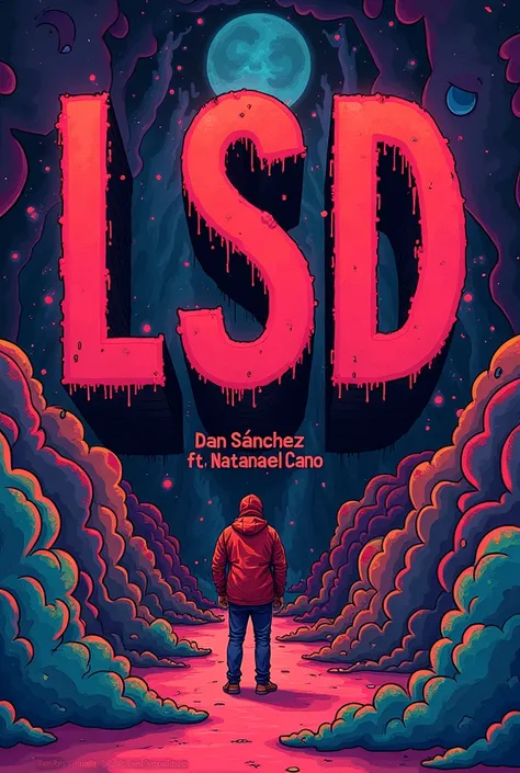 Draw some red letters that say LSD and below them some smaller ones that say Dan Sánchez ft Natanael Cano with some larger letters in the background that cover almost the entire background that say ꛕͲ