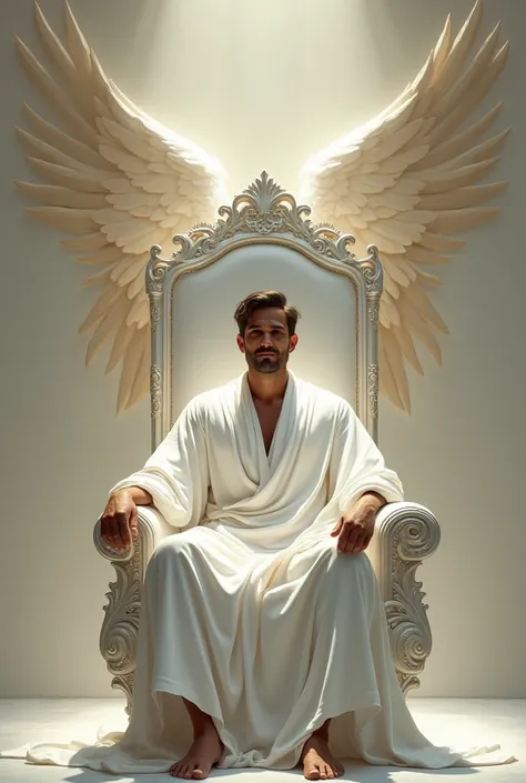 Man sitting on a white throne style wooden chair behind him an image of wings painted in an angelic style on a wall