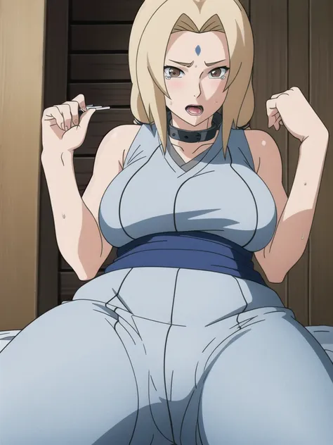 open your mouth wide,View your viewers,((white Shoulder knit, skinny jeans)),long knee high boots,((tsunade)), ((tsunade milf physique)),(Forehead mark ), ((high twintails)),blondes, eye, smile, from the front,Huge breasts,Thick thighs,((Sharp details High...