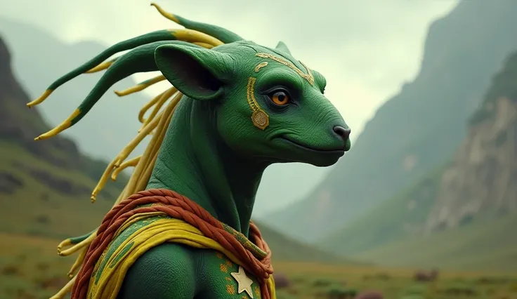 Togo as an african League of Legend creature in striped green and yellow colors with a red detail and a white five-pointed star. Intricated clothing. Cinematic Fantasy sci-fi landscape background