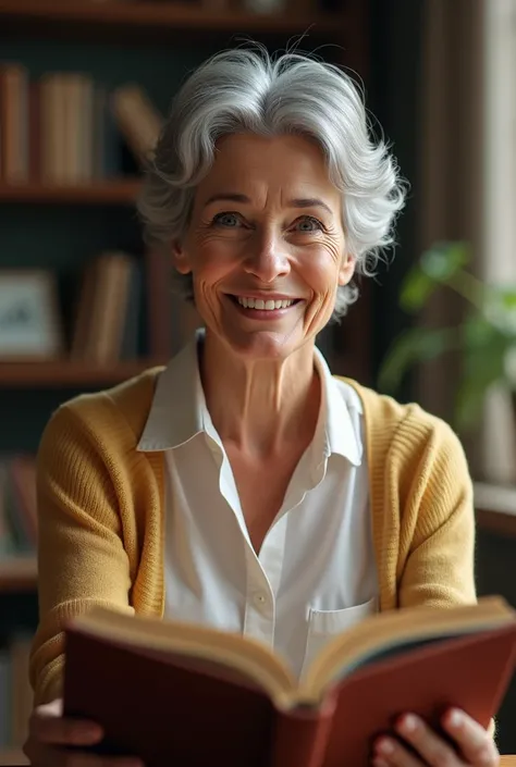 60 year old lady teacher reading a book aloud, frontal perspective