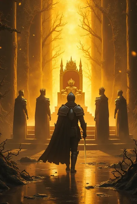 The knight holding a sword walked into the throne full of thorns，The thorns shine with golden light，On the throne sits a king wearing a crown，There are four guards protecting the king.