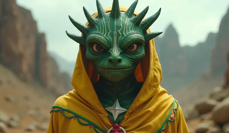 Togo as an african League of Legend creature in striped green and yellow colors with a red detail and a white five-pointed star. Intricated clothing. Cinematic Fantasy sci-fi landscape background