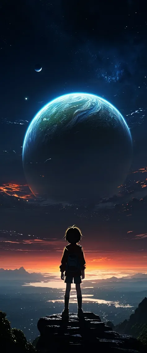 anime - style scene of a beautiful hellish sunset and a faint planet in the distance , Heavens. With child standing and looking at the sky.. Natural Shinkai Makoto, anime art wallpaper 4k, anime art wallpaper 4k, anime art wallpaper 8k, 4k anime wallpaper,...