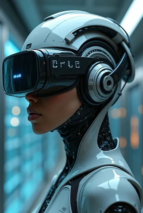 woman using a virtual reality headset while working on a laptop, a computer rendering by Luis Miranda, trending on cg society, afrofuturism, futuristic vr headset, with futuristic gear and helmet, vr helmet, female cyborg in data center, virtual reality, c...