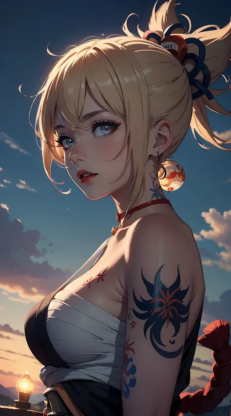 ((work of art)),(best qualityer),((ultra detali)), ((beautiful detailed sky)), ((cinematic lighting)), Depth of field, (dynamic angle),Detailed lighting,(beautiful detailed eyes),plein-air, red lip, ssmile,へそ, (pubic tattoo), ombre,large breasted, sexly, n...