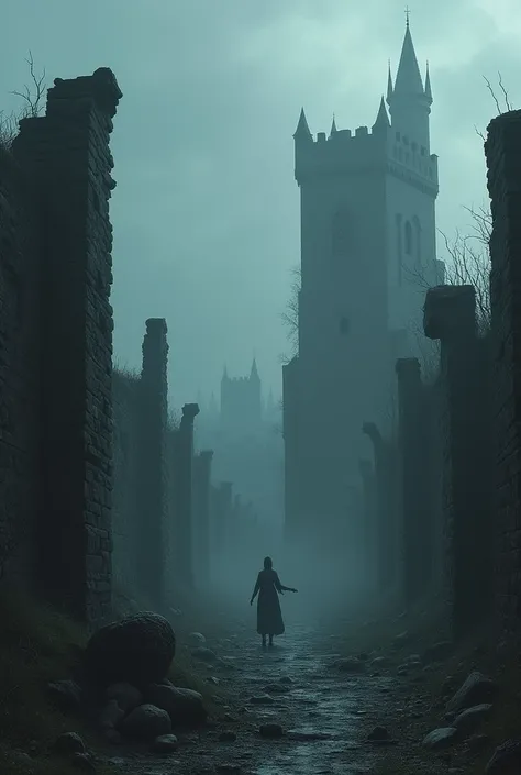 Dark images of a medieval city, with ruins and silence. Colors in shades of gray and dark blue.