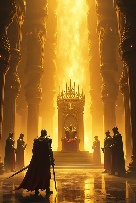 The knight holding a sword walked into the throne full of thorns，The thorns shine with golden light，On the throne sits a king wearing a crown，There are four pagans protecting the king.