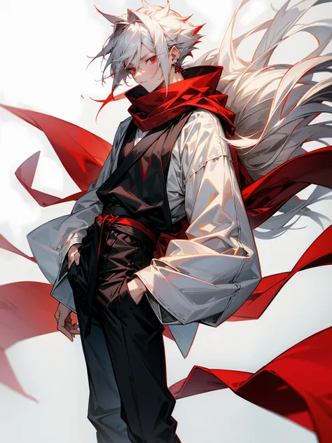 1male, Adult, Long White Hair, White Baggy Long Sleeve Shirt, Baggy Black Pants, Red Eyes, Red Scarf, Earring, Masculine, Spikey Hair, Black Sash Around Waist 