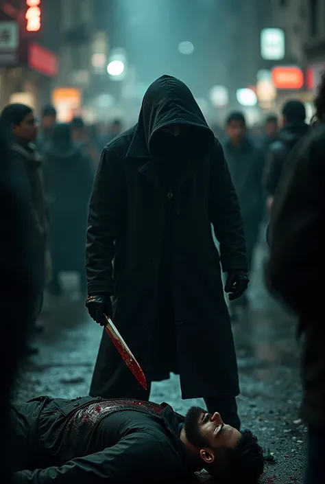 a man with a mask who kill somebody with knife on street in the middle of a lot of people during the night, 16k, perfect lighting, cinematic pictures 