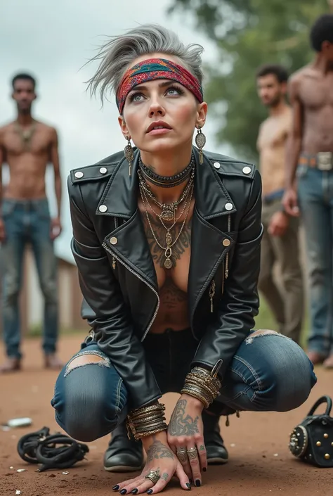 russian milf woman, grey  hair (top bun, shaved sides), colourful bandana as headband, with very light blue eyes, extremely pale skin. Wearing tight cropped aged black moto jacket studded collar) with lots of zippers and pins, flipped up collar. Worn skinn...