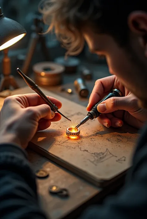 Soldering a ring with a soldering iron on a workbench 