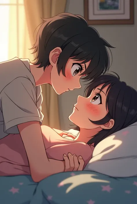 An anime teenager tried to wake up his mother 