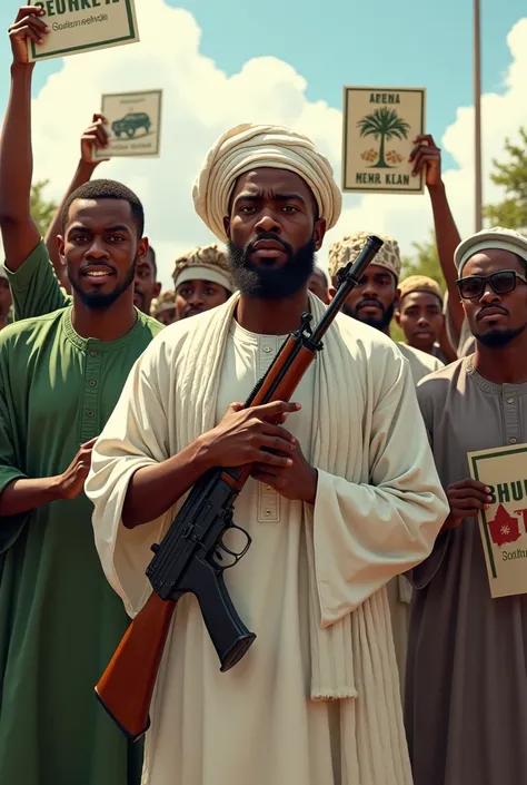 Young Nigerians holding posters writing Matasan Arewa Lokacin Korafe-Korafe Ya Ƙare Lokaci Ne Fuskantar Matsalar Mu with AK 47 dress in Hausa traditional cloth