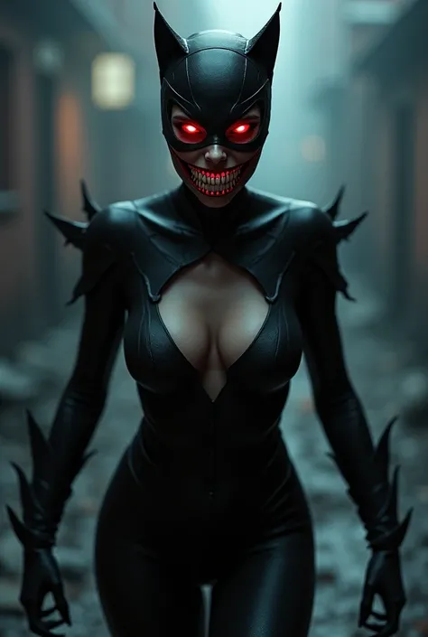 Catwoman, red eyes, widen smile, creepy smile