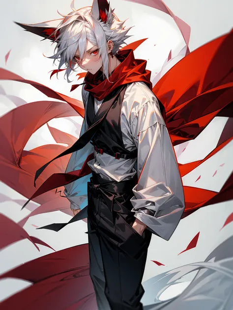 1male, Adult, Long White Hair, White Baggy Long Sleeve Shirt, Baggy Black Pants, Red Eyes, Red Scarf, Earring, Masculine, Spikey Hair, Black Sash Around Waist, Dog Ears