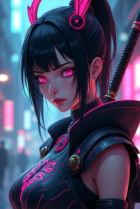 Close-up of a person in a sword costume、screenshot、Cyberpunk art、Lü Ji、Cyber Japan Armor、Cyber Japan Samurai Armor、Cyber Japan style armor、Cyberpunk Anime Girl、Very beautiful cyberpunk samurai、whole body