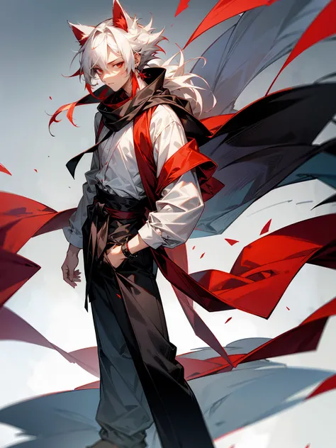 1male, Adult, Long White Hair, White Baggy Long Sleeve Shirt, Baggy Black Pants, Red Eyes, Red Scarf, Earring, Masculine, Spikey Hair, Black Sash Around Waist, Dog Ears