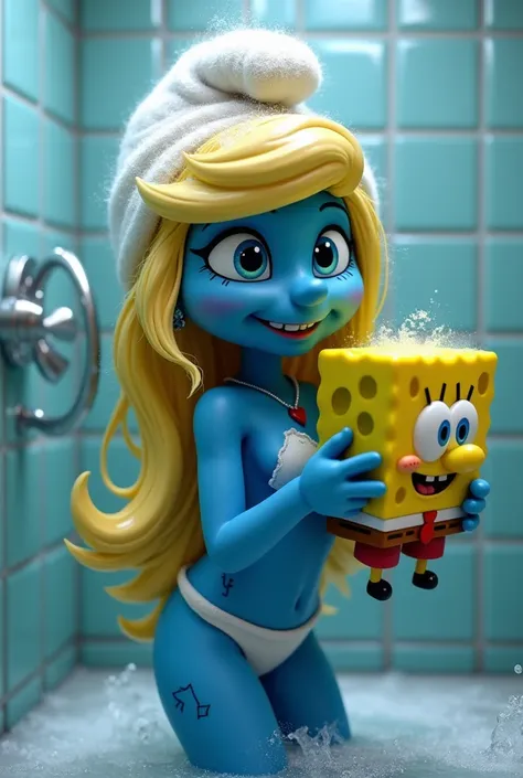 an adult blue Smurfette taking a shower  holding a happy SpongeBob SquarePants toy. the Smurfette have a tatoo of a heart on her chest. and a scar in her legs. her body and blond hair is all wett.