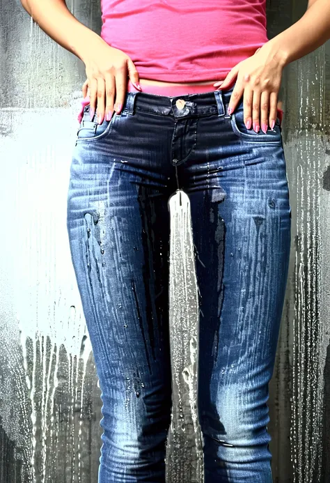 slim sexy girl, in jeans, and a pink t-shirt, wetting her jeans, big dark pee stain, pee stained jeans, glittering wet fabric.