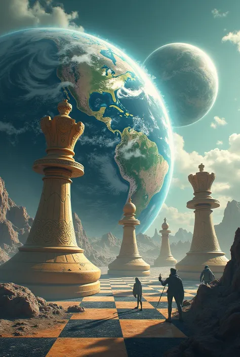 I want a picture of the.Planet Earth covered in chess format with giant chess pieces which is spinning at high speed approaching another similar planet and beings from other planets are waiting and in the background you can see a flag of Venezuela