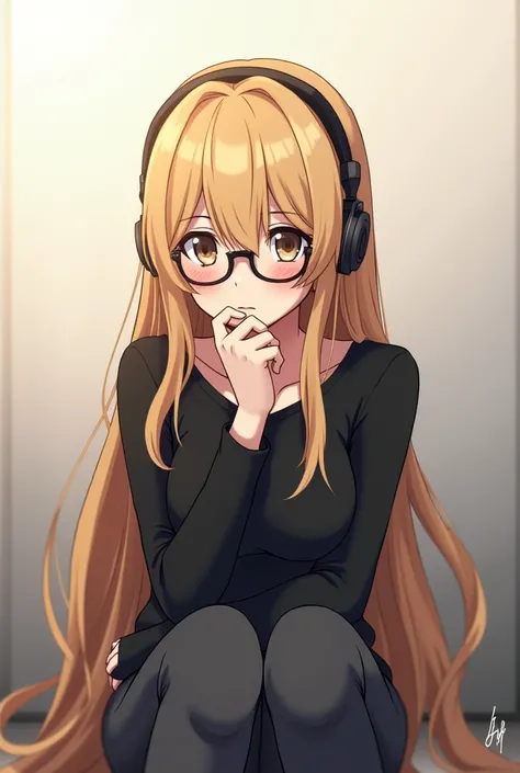 Anime girl with long blonde hair with bangs has glasses wears headphones black shirt dark gray pants light skin sitting with a somewhat serious expression 