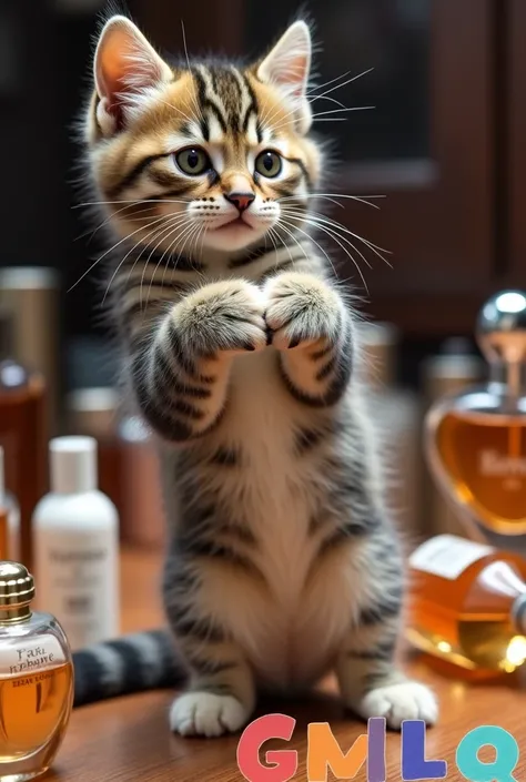 An adorable tabby kitten, standing on its hind legs, She is applying Paco Rabanne perfume to her armpits with a paw. His expression is serious and focused., as if an important beauty ritual were taking place. Around it, on the floor, There are several perf...