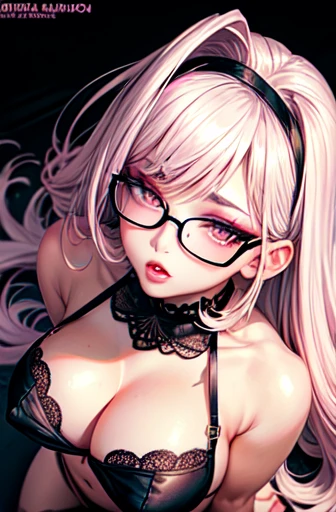 professional portrait photograph taken from above of a seductive sexy hot woman with nerd glasses in the most beautiful highly detailed white tank top and micro thong lace panties, black stockings are visible gorgeous symmetrical face, massive makeup (pink...