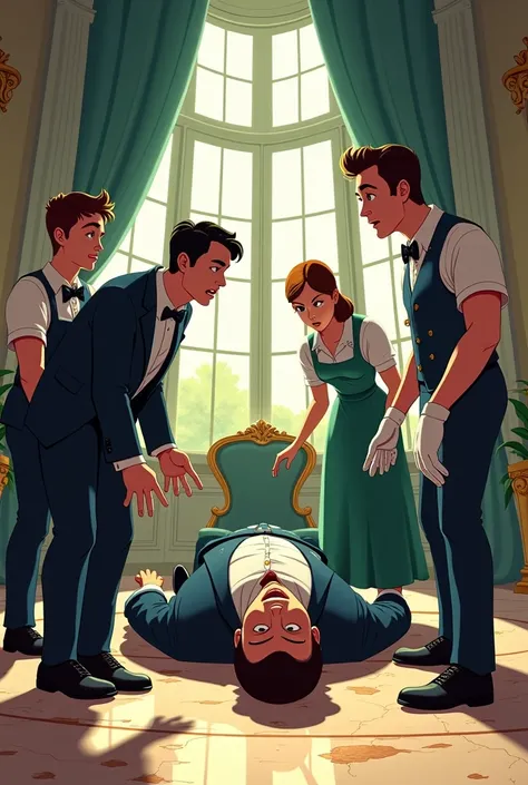 A butler, a cleaning lady, a gardener and a very elegant man dead on the floor of his mansion and everyone with a look of suspense. Images of cartoon characters. 

