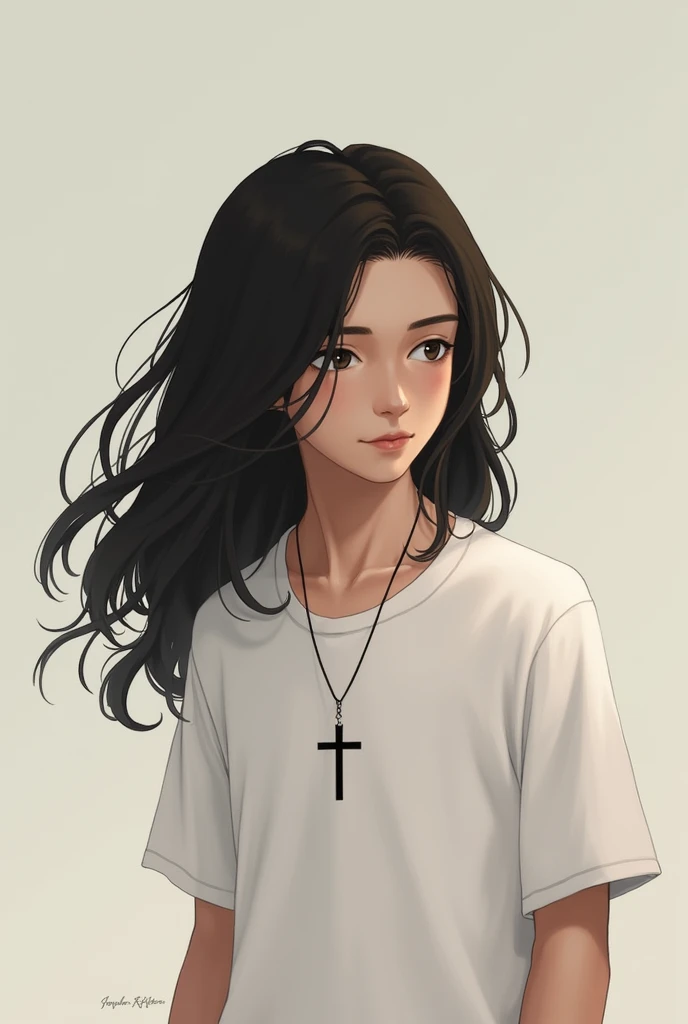 Boy with long black hair, white shirt and crucifix 