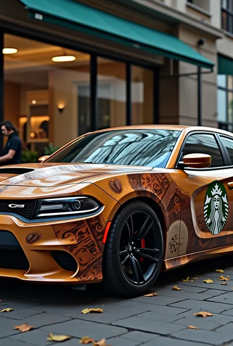 A 2023 dodge charger with a unique starbucks wrap 