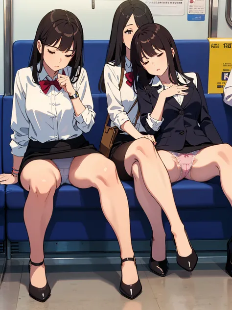 Highest quality, Ultra-high resolution,(Office Lady)Tight mini skirt,Summer Shirts,(Lace panties),High heels、Full body portrait,sit in a train seat、(from the front).Are sleeping