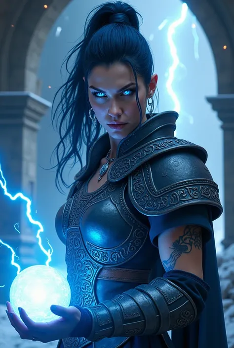 Aletta Ocean, angry evil beautiful and muscular, Nordic female, towering storm Giantess with blue black hair in a ponytail, older and mature woman, throwing a lightning ball, celtic glowing tattoos, wearing nordic steel runic plate mail Armour , temple cav...