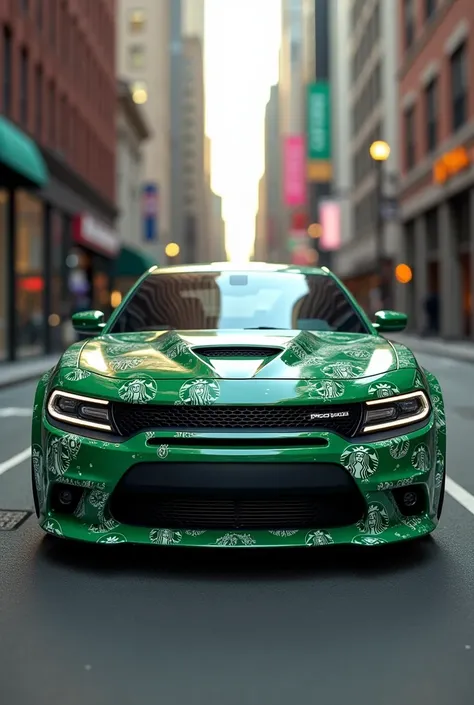 A 2023 dodge charger with a starbucks wrap 