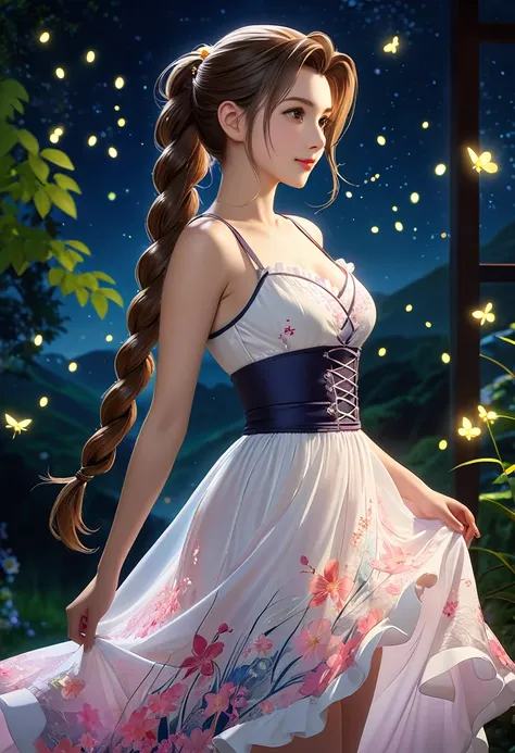 (((masterpiece))),((Highest quality)),beautiful girl, Aerith, Sexy witch, bangs、(Long Hair, Braided Ponytail:1.5)、(((Large, firm, swaying bust, Deep valley)))、2、Translucent white skin, Shining Sweat, (A gorgeous frilled dress with an intricate pattern:1.5)...