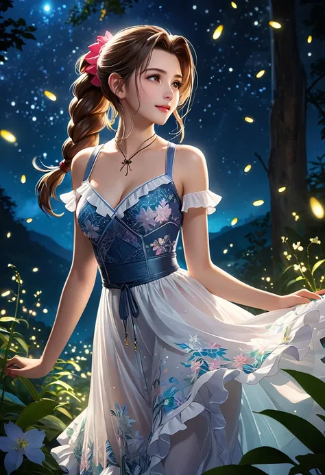 (((masterpiece))),((Highest quality)),beautiful girl, Aerith, Sexy witch, bangs、(Long Hair, Braided Ponytail:1.5)、(((Large, firm, swaying bust, Deep valley)))、2、Translucent white skin, Shining Sweat, (A gorgeous frilled dress with an intricate pattern:1.5)...