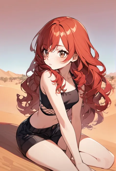 A woman, 2, red hair, curly hair,((( very brown eyes))), crop top, desert background, freckles, small breast, black shorts, legs