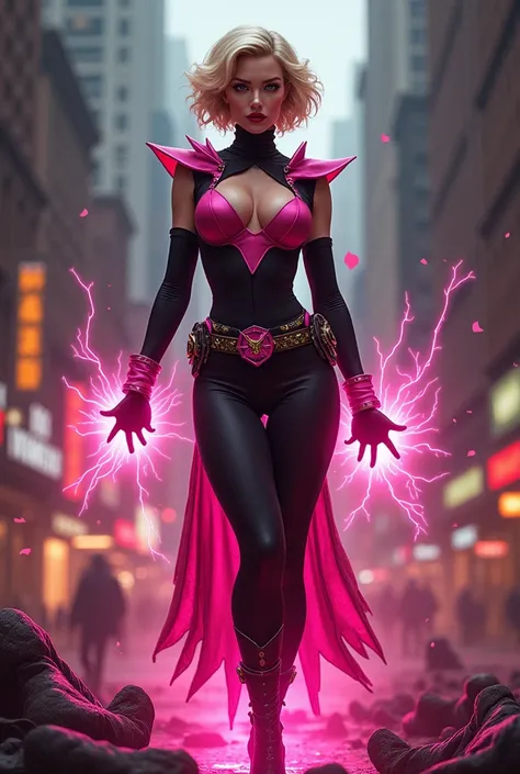 Seductive and Beautiful young woman with a soul of pure evil and hatred. Alluring shorthaired blonde supervillainess with energy blast powers.  Attacking a city snd killing random people.  A sinister smirk crosses her glossy lips.  Skintight pink and black...