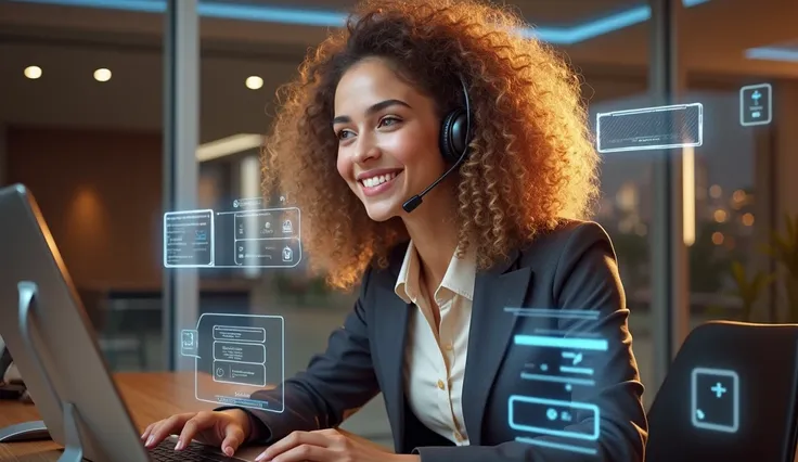 Create an image of a young woman resembling Andy Allo, working as a customer service representative in a futuristic setting. She has medium-length, curly hair with a golden brown hue and a warm skin tone. She is wearing a casual yet professional outfit, li...